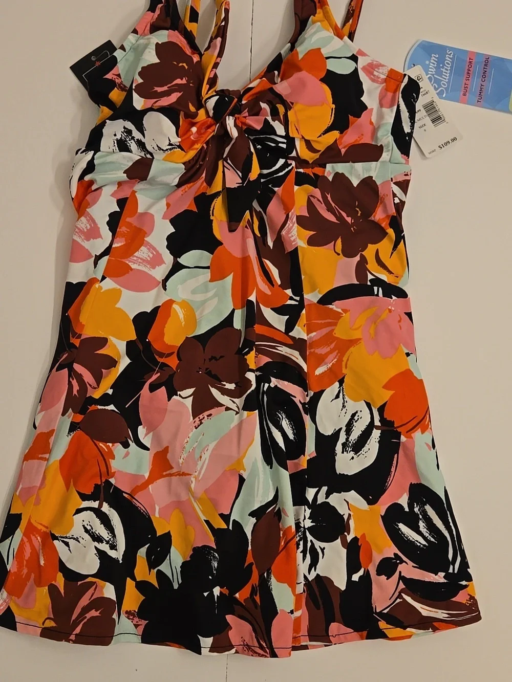 Swim Solutions Stretch Tummy Control Bust Support Fixed Cups Swimdress Sz 8 NWT